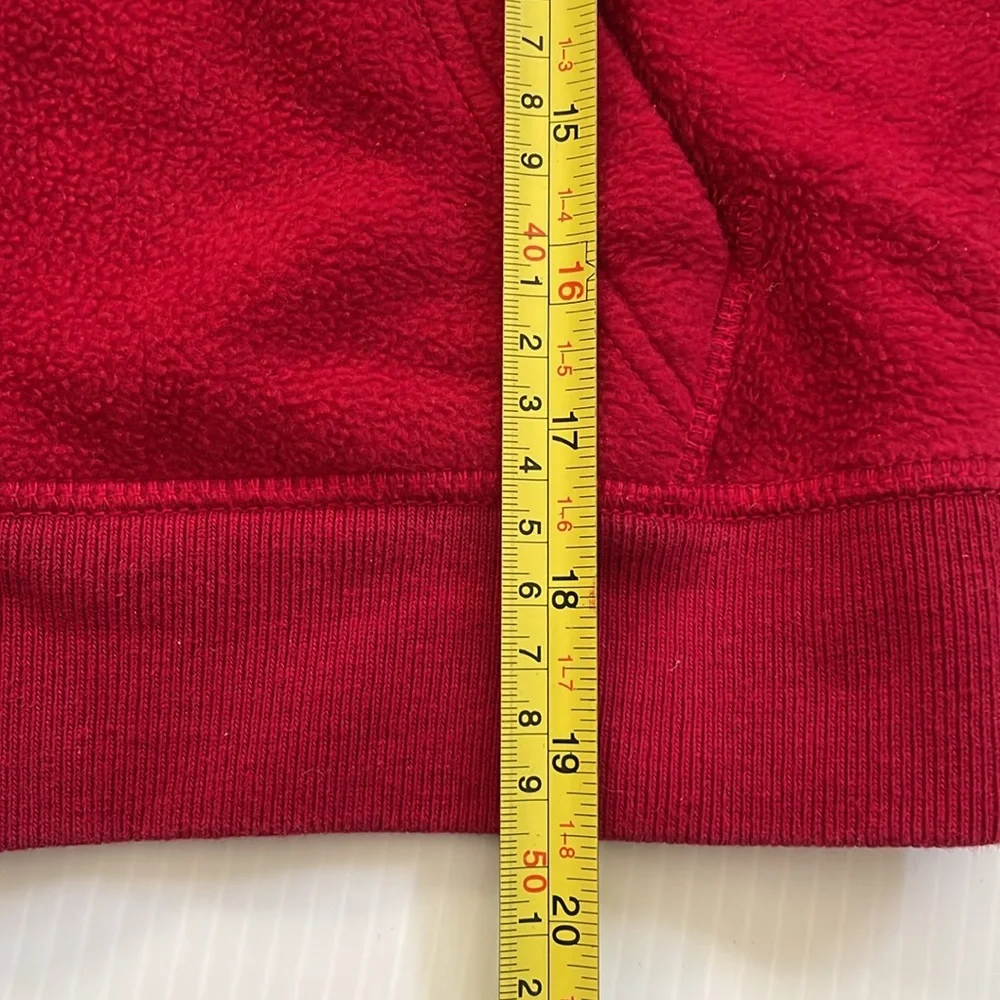 GapKids red hooded, full zip sweatshirt with gray, blue & white GAP.  Size small